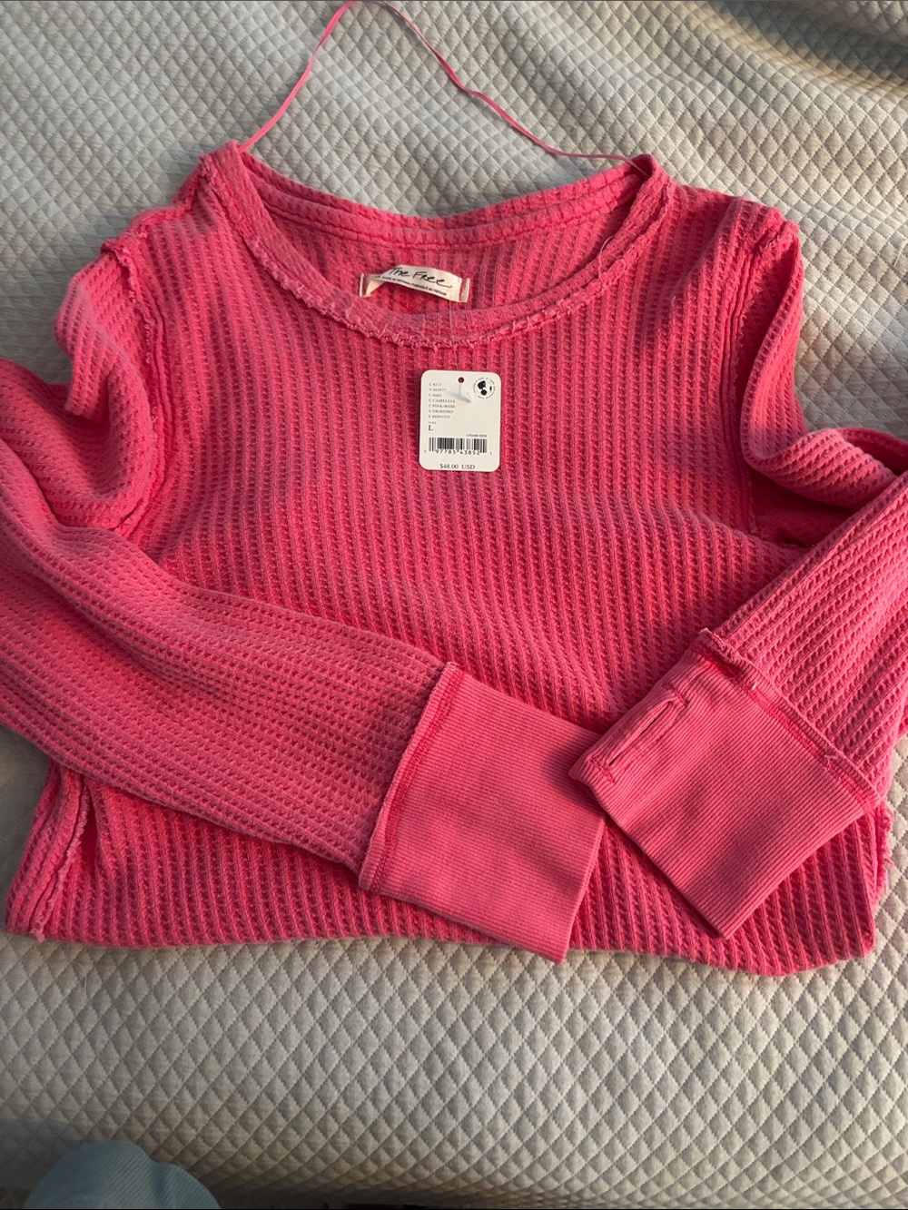 Free People Pink Waffle Knit Long Sleeve Top